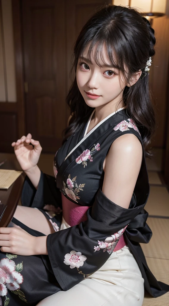 (Very sexy girl wearing sexy ukiyo-e kimono:1.3), pass, string underwear, transparent, blackhair colorhair,, black stockings, Lift your butt,Facing the camera,black, ring, 4K, HD,Looking at the camera, Almost perfect, Dynamic, Very detailed content...., Brown, Clear focus,Radiant Skin,Camel toe showing thigh!!!、