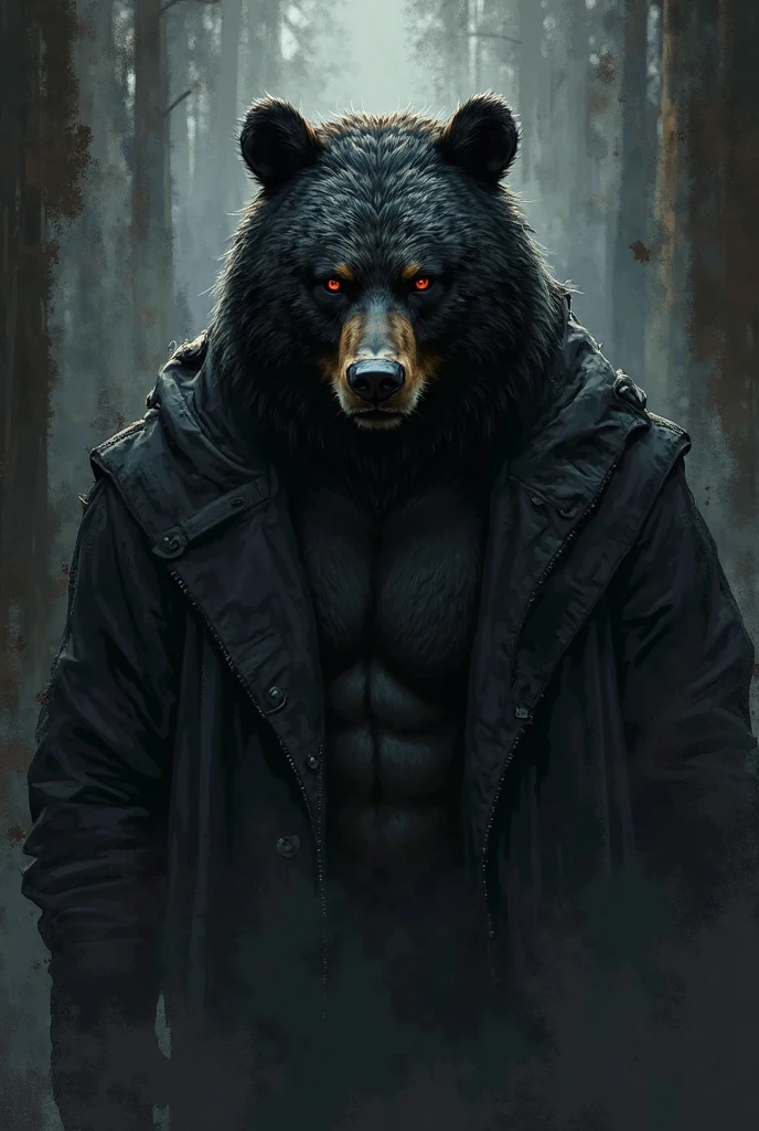 (full body shot), (realistic style), (furry), (humanoid), male wolf, full body black fur, red eyes, perfect muscular body, and biggest muscles, biggest pecs, and biggest thighs, wearing black leather pants and red leather jacket, no shirt, realistic forest background