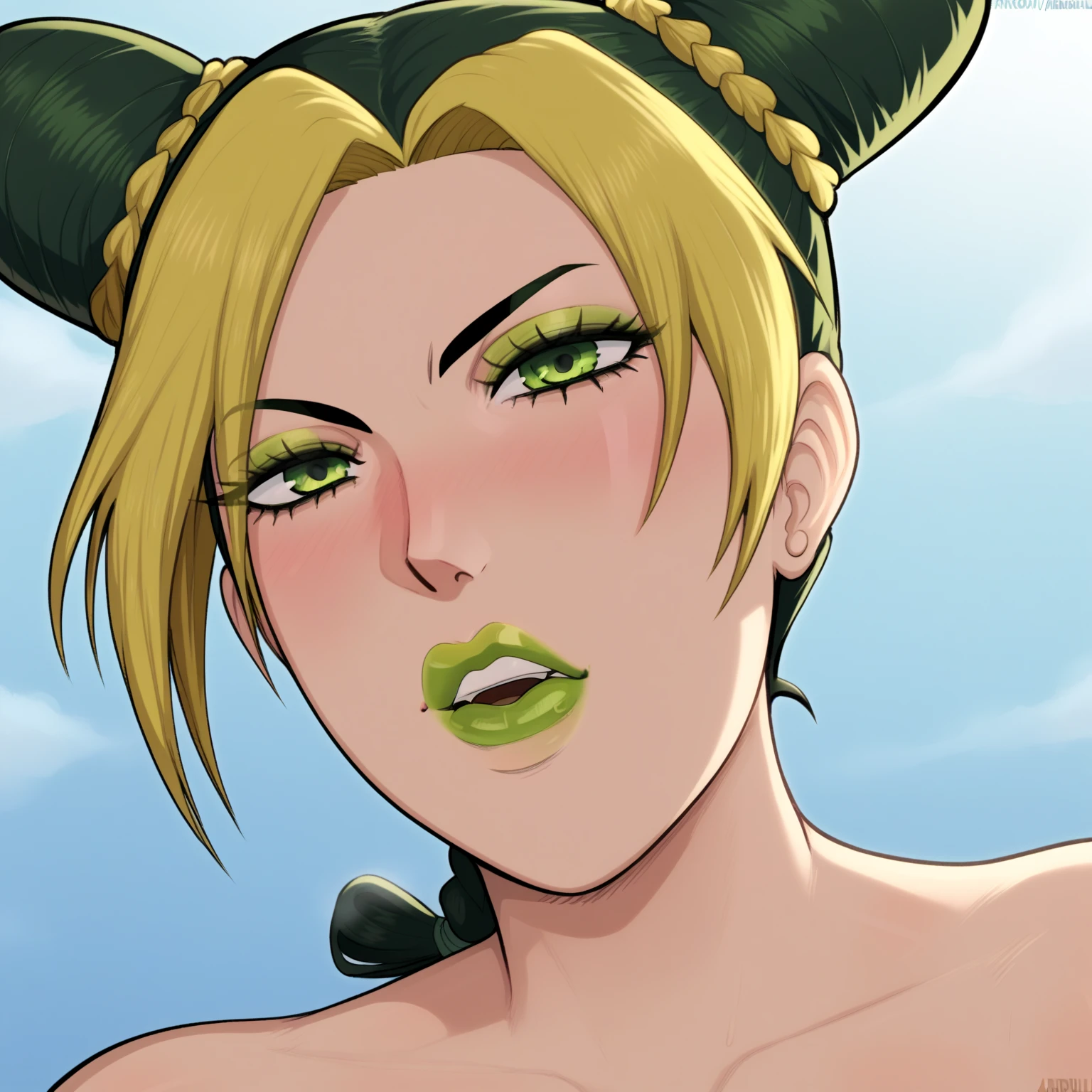 jolyne, big breasts, bikini
(((shiny hair, shiny skin))) ((sticking out tongue))