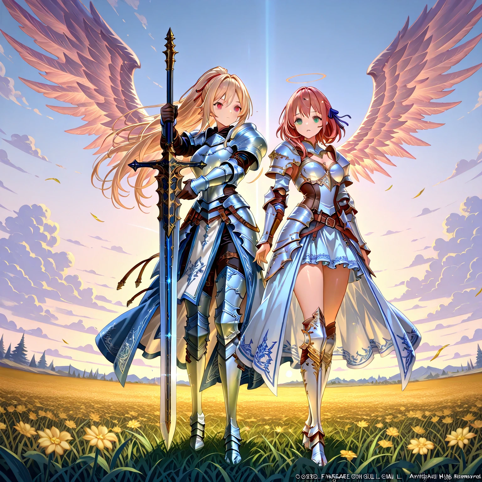 fantasy, 1angel_girl,child, loli,brown_hair, medium_bob_hair, long_bangs, halo,bare_shoulder,thighhighs,silver_armor, waist_armor, large_breasts,angry,grinning,open_mouth_teeth, 1pair_wings, dynamic_pose_fighting,floating, bare_crotch, headgear,gauntlet, greaves,city_sky_background,slightly_spread_legs, solo, groin_naked,dark_skin,