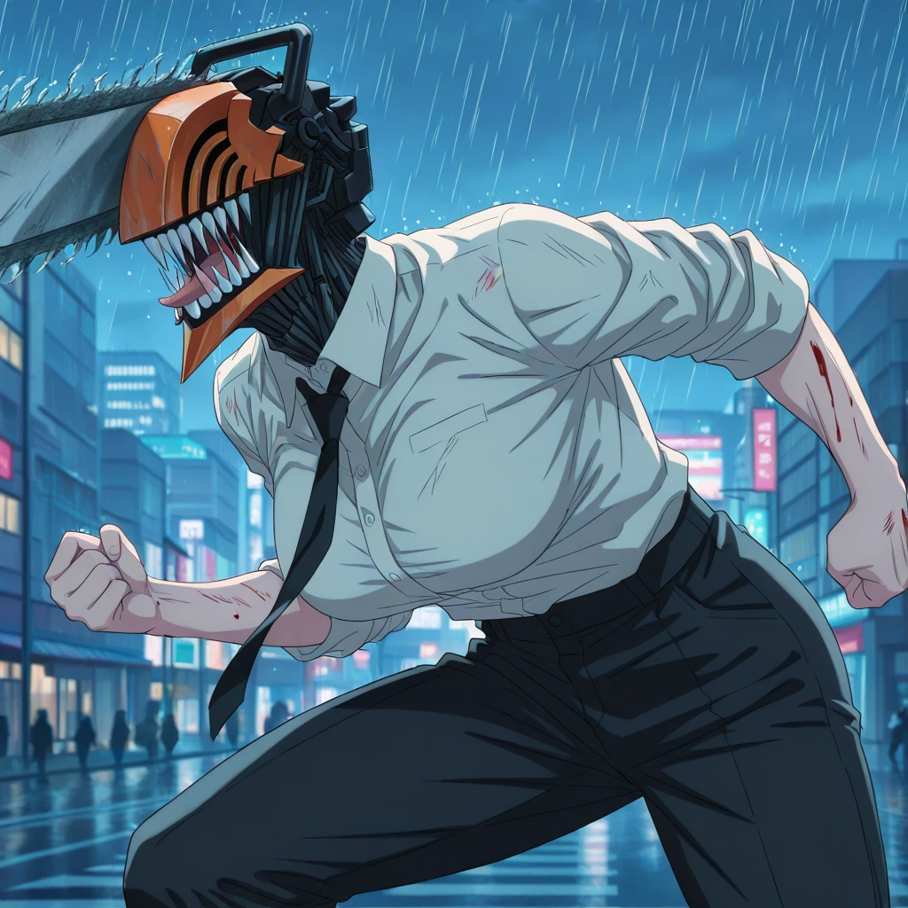 <lyco:ChainsawMan-step00003000:1>, contractdenjiv1,chainsaw, giant breasts, sharp teeth, blood, blood on weapon, building, solo, sky, blood on clothes, blood splatter, cloud, city