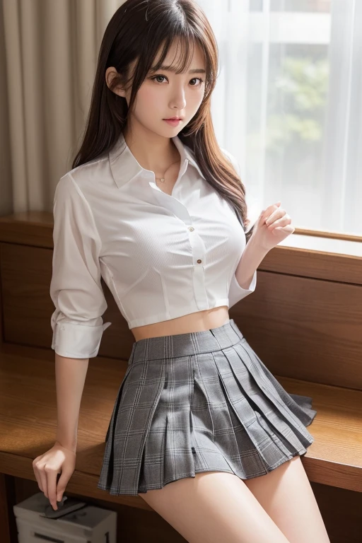 8K, highest quality, real image, intricate details, Super detailed, ultra high resolution, depth field,(realistic,realistic:1.2), 1 girl, very beautiful 17 year old girl, Big eyes、beautiful breasts:1.5、highly detailed eyes:1.2)、(beautiful breasts:1.1)、wavy hair、curly hair、bangs, perfect skin, Fair skin, huge hips、huge breasts、very thick thighs、thin waist, thick legs、light blush, alone、 looking at the viewer, sorrow、Sad face、(White Y-shirt、dark grey pleated skirt)、school hallway