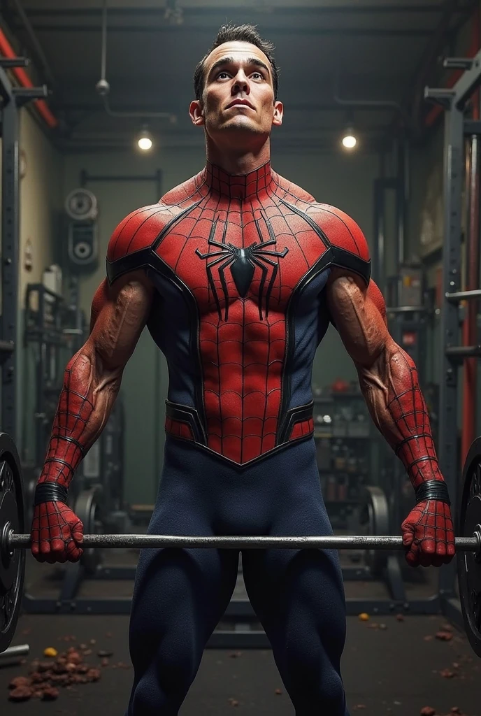 Male Tom Holland, flexing his hard muscles, as muscular bodybuilder with 8 sit-ups and big biceps and big pectoral muscles, bulges, gay, lgbt, wearing spider-man clothes --auto --s2