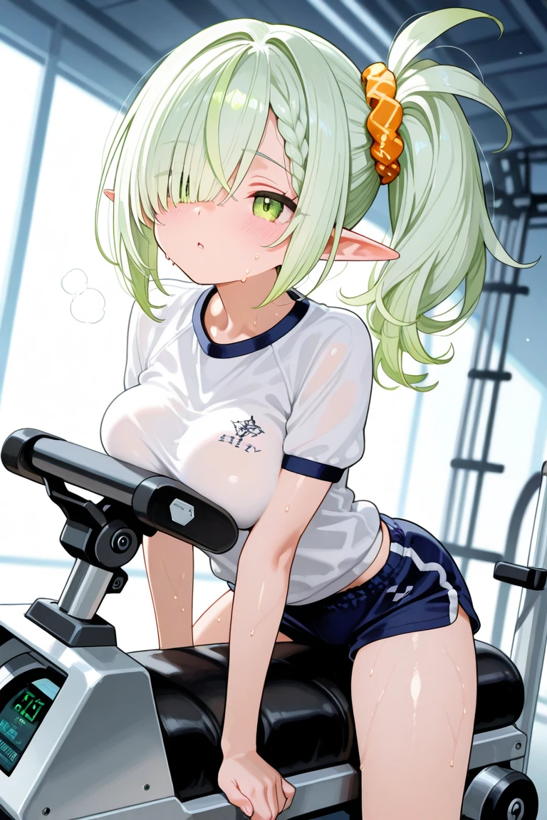 loli, blonde hair, big green eyes, low ponytail, parted bangs, classroom, wide hips, full body, short shorts, (masterpiece:1), (abundant detail:1), elf ears, covered nipple, all-fours
