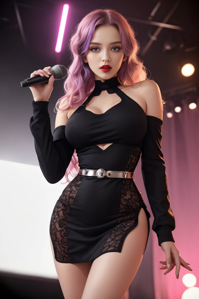 Lucy Pinder, face portrait, portrait, mouth wide open, (Adele), ((VERY INTENSE MAKEUP)), voluptuous, cleavage, lace, ((singing)), (Jennifer Lopez), (sweating), ((Eyes closed) ), ((frown)) pink hair, shoulderless jumpsuit, black jumpsuit, black underwear, pantyhose, bunny ears.
