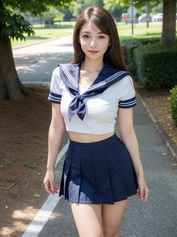 (masterpiece, highest quality:1.2), 8k, official art, RAW photo, incredibly absurd, ( sailor suit, serafuku:1.4), amazing beautiful girl, amazingly cute face, (navy pleated skirt:1.1), close, school uniform, short sleeve, gardenia, violaces, teen, street, looking at the viewer with a smile, no makeup, film grain, chromatic aberration, sharp focus, face light, dynamic lighting, cinematic lighting, detailed eyes and face,short hair、(((white skin without moles)))、 background bokeh、super slim thighs、((Sexy Lace Panties are showing through、beautiful pussy line))、(High twin tails with ribbons:1.4),,((((A very young looking girl:1.3))))、(very young with big breasts:1.2)
