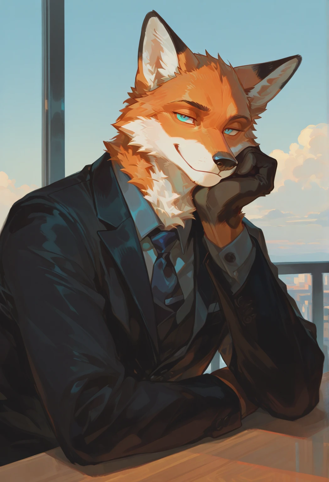 masterpiece, best quality, mysterious expression, 1boy, anthro, furry, fur, fluffy fur, (fox, fox boy), furry, fox ears, animal nose, black eyes, fox tail, black hair, medium hair, half-closed eyes, muscular body, solo, (city), trench coat, fedora hat, black elegant pants, smoking, black & while, monochromatic, noir ambience, from behind, score_9, score_8_up, score_7_up, score_6_up, score_5_up, score_4_up
