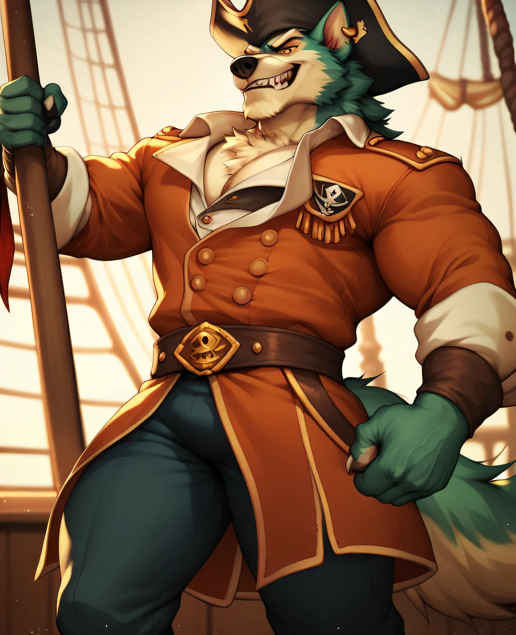 Foxy, sword, pirate suit, eye patch, muscular, on a pirate ship, sfm, brave, rainy weather, storms