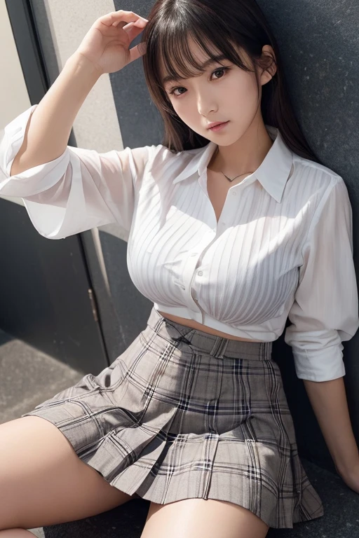 (8K, top quality, masterpiece), (realistic, photorealistic: 1,37), long brown hair, (female beauty: 1.25), beautiful toned body, big cleavage, midnight drizzle background, rainy asphalt in Europe, store lights, (charming with dimples: 1.2) smile, erotic, seduction, school uniform, plaid skirt, ultra-short skirt, (buttocks, buttocks), Pleated skirt, white shirt, short sleeves, ((erotic pose, slouch: 1.3)).