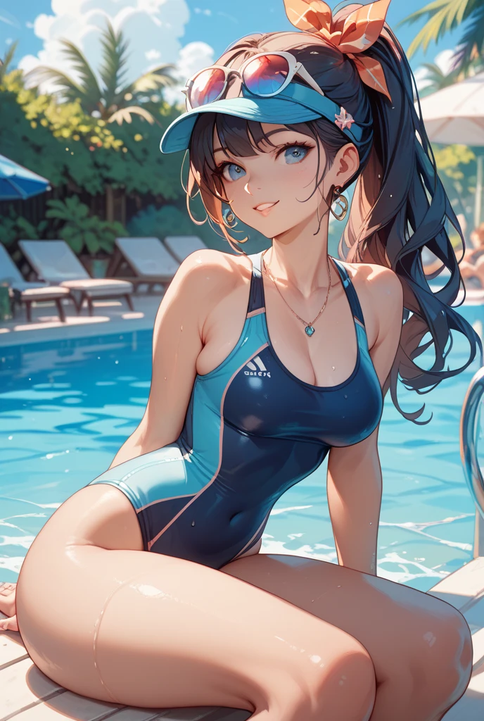 score_9, score_8_up, score_7_up, score_6_up, thicc female mercenary, perfect body, round breasts, blue eyes, ponytail, breasts apart, natural breasts, cleavage, brunette hair, bikini, swim park