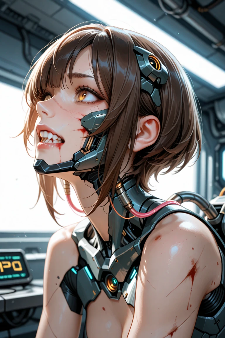zombie young girl, greedily tearing robot flesh, tearing him to pieces.