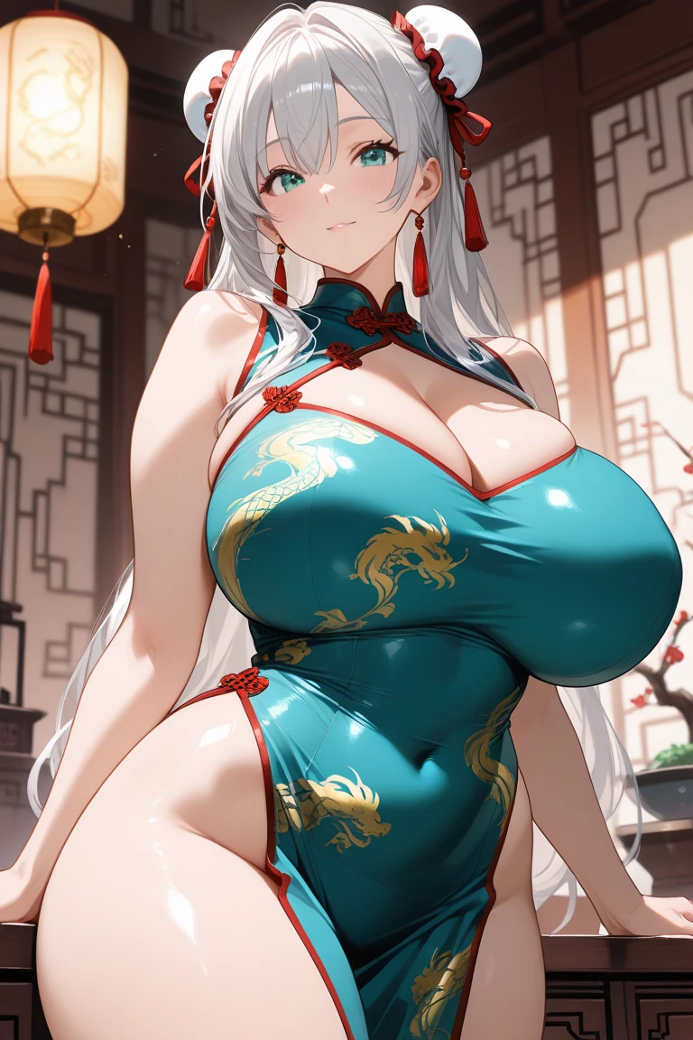 (art: 1.2), (best quality: 1.2) 1 woman, mature milf, tall 185 cm, appeared to be around 25 years old, had long snow-white hair, straight shiny hair tied in a hairpin ice-shaped Chinese Taotist style, ice-blue eyes, extremely detailed eyes, perfect eyes, extremely realistic eyes, well-aligned eyes, long eyelashes, anime style, perfect face, delicate and mature face, full lips, mature, fair skin, natural body, SEXY BODY, milf body, with one hand holding her waist, perfect hands, detailed hands, hands well proportioned to the body, realistic hands, arms with good anatomy, she only wore a snow-white Chinese style dress decorated in gold and silver that still couldn't hide her extremely large and huge breasts that were hanging down due to her size, thick thighs fully covered, wide hips, looking at the viewer like a cold facial expression is indifferent, background scene, scene of a pavilion style man posing alone Looking at the viewer.
