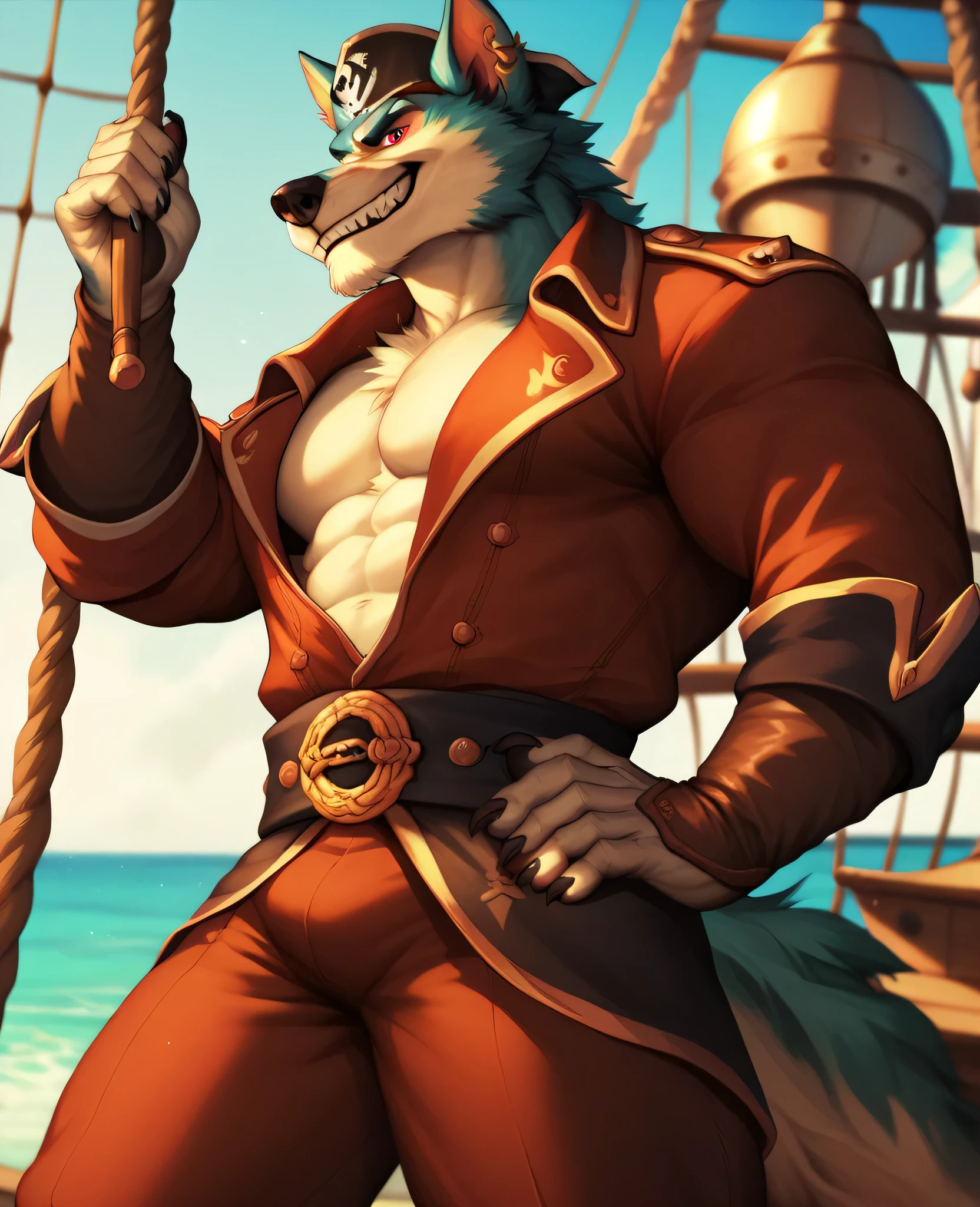 Anthropomorphic, male, wolf, muscular, leader of pirates, standing on the sailing captain of the pirate ship, wearing pirate captain's outfit, red eye, blue eye.