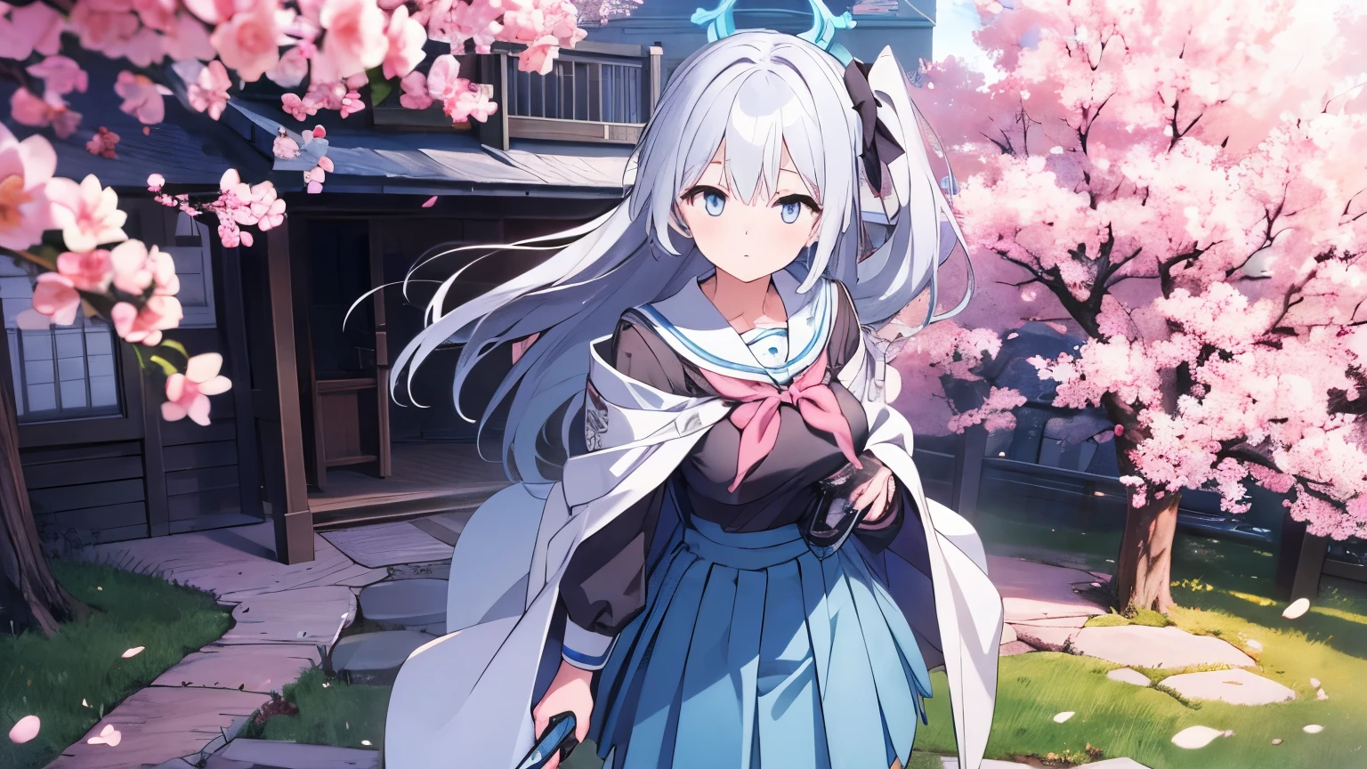 A beautiful  anime girl with long silver hair and blue eyes, wearing a stylish modern Japanese high school uniform with a short pleated skirt and sailor collar, standing confidently on a grassy school training field. She holds a black katana in her left hand, while her right hand gently touches her hair, which is blowing in the wind. The background features a realistic high school building with glass windows, green trees, and a clear blue sky. The style is highly detailed, colorful, and inspired by Blue Archive and Arknights anime aesthetics. Full-body view, dynamic pose, cinematic lighting, score_9,score_8_up,score_7_up,rating_safety,source_manga,masterpiece,best quality,hyper detailed,super fine illustration,8k,cinematic angle,from front,BREAK 1woman,solo,,(white hair,long hair,side ponytail, long hair),(medium breast),(tuxedo with cloak),standing,BREAK crapped building,cherry blossoms,cherry tree,crowly,holy sunlight,detailed background,BREAK darkness atmospheres, white hair, tsukiyuki miyako (blue archive), blue eyes, a picture of a woman with long white hair and a sword, light novel cover art, tensei shitara slime datta ken, popular isekai anime, isekai, manga cover, hajime yatate, cover manga, manga cover style, isekai manga panel, epic light novel cover art, epic light novel art cover, japanese light novel cover, hand of rope