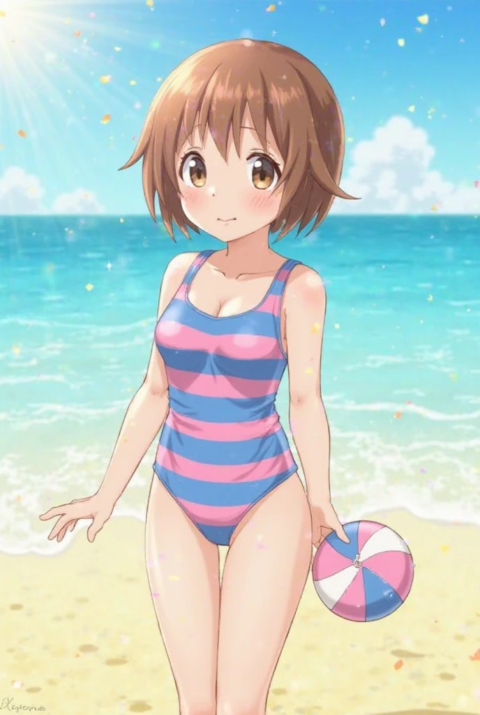 beach,1girl, kinomoto sakura, solo,competition swimsuit,one-piece swimsuit, green eyes, pussy, brown hair, , short hair, navel、flat chest,blush,get wet,antenna hair,pink nipple,open mouth,arms behind back,,looking at viewer,highleg swimsuit
