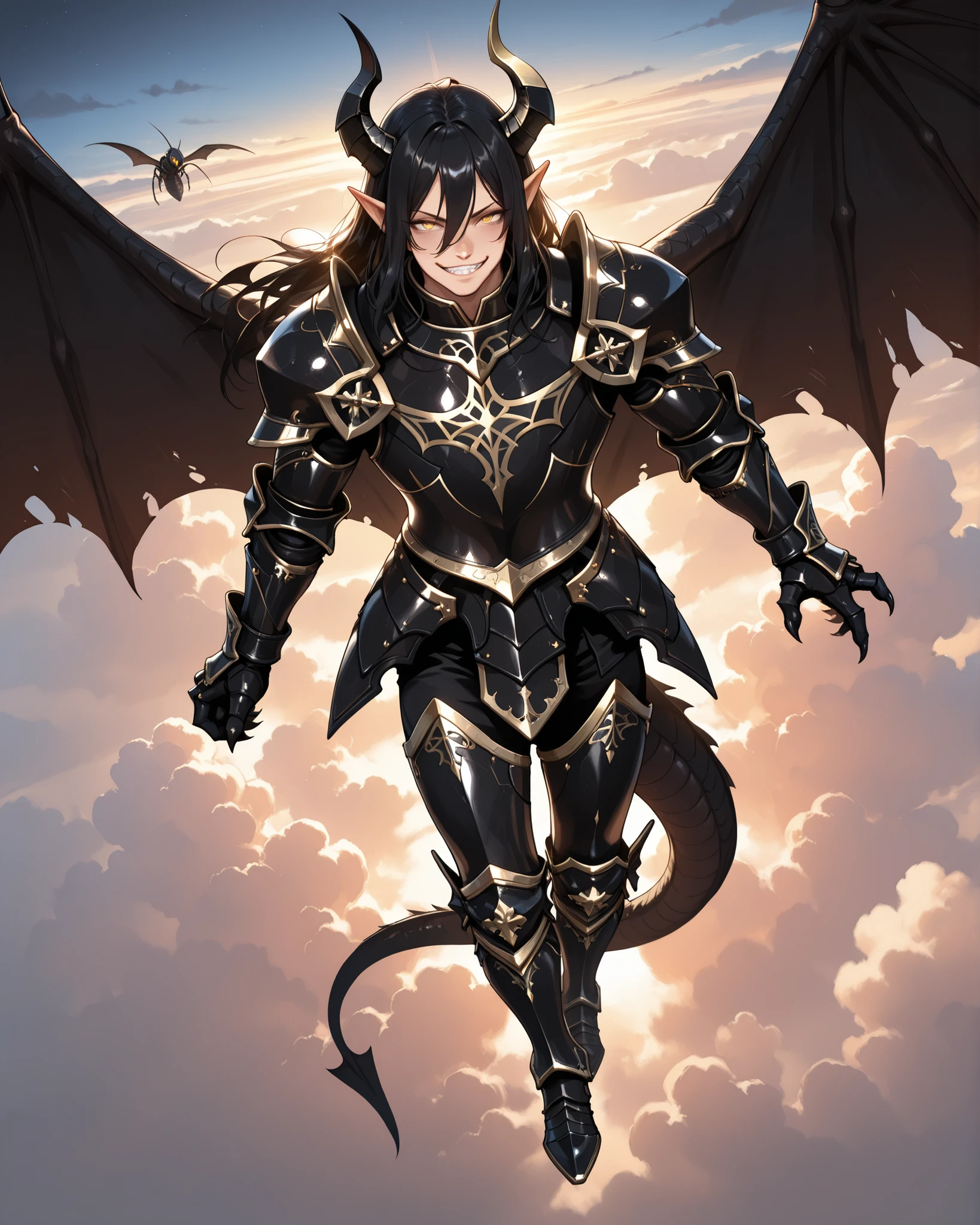(masterpiece, best quality: 1. 5), highres, 8K, CG, (((Anime))), (1 male), lean body, handsome guy, (strong body, masculine), weredragon, (japanese anime style), glossy black, shiny black leather, ((beautiful golden eyes, finely detailed eyes, bright eyes, vertical iris)), hair between eyes, long hair, sideburns, wild hair, (sly grin, smirk, evil smile), teeth, confident, black hair, (ultra detailed face: 1. 5), shiny skin, long pointy ears, twisted torso, long-legged, sculpted face, wasp waist, dragon horn, dragon tail, dragon wings, dragon sharp claws, (black armor with a lot of grandiose decorations), half dragon half human, (dramatic angle), dynamic posture, ultra detailed black armor, all black outfit, emphasize face, sharp focus, oblique angle, good-looking man, well-polished black armor, (best illustration), cinematic, glowing glitters, (intricate detail, super detailed, extreme detailed: 1. 5), pearly luster, (highly detailed artwork), dramatic shadows, wonderful pose, chiseled features, stark contrast, heavy shadows, detailed black decorations, beautiful and aesthetic, photoreal, from above, (mysteriously crafted black metal armor: 1. 5), sparkling accessories, thick and luxuriant hair, (ultra detailed fantasy black armor), dressed in black, broad shoulder, sharp eyes, true-to-life visuals, artistically refined, dramatic contrasts, ((extremely delicate and beautiful armor, elaborate armor details)), (in a cursed dark armor: 1. 5), exquisite goldwork, wonderful black armor, armor with intricate engravings, (armor-type boots), (detailed shoulder armor with intricate engravings: 1, 5), dark fantasy aesthetics, (128K Ultra High Resolution), very gorgeous and dazzling, (dark fantasy black knight: 1, 5), slim waistlines, wide chested, sinewy body, (Hyper Detailed & Perfectly Designed Black Armor: 1. 5), (sky, cloud), (soaring up to the sky, roaming in the sky, flying through the air, visible flying in the sky, flying above the clouds), splendid scenery background