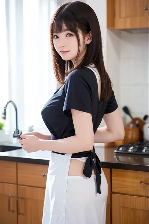 high quality picture, masterpiece, detailed hair texture, Detailed skin texture, Detailed Cloth Texture, 8K, Add fabric details, ultra detailed skin texture, ultra detailed photographic, Skin pores, , mini skirt, light smile, apron on naked body,nsfw, kitchen, cooking, looking back,half updo,
