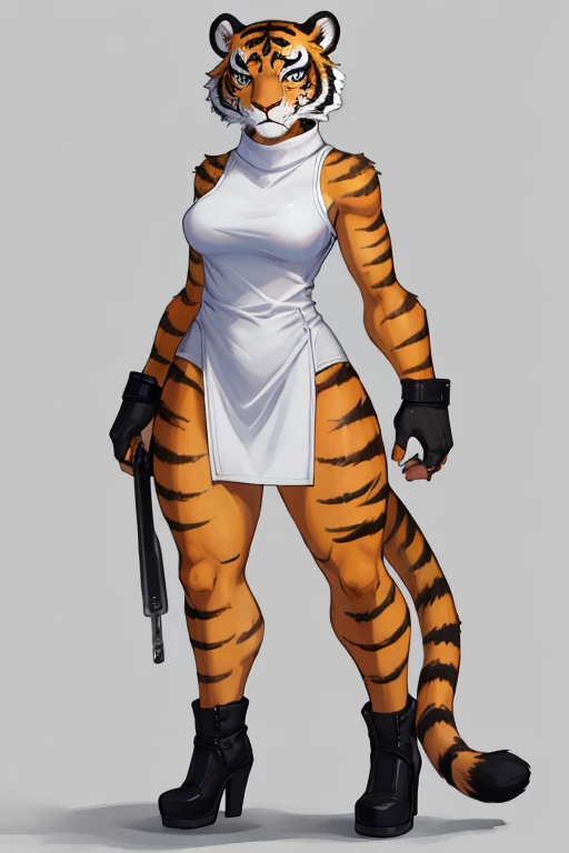 ((Masterpiece, plain background,1:2)) full body standing straight symmetrical against contrapposto yellow tiger print BIKINI stockings sleeves, clenching fists hands on waist hips, navel (Vladilena Milize) (grey eyes:1.5) silver grey long hair, hair between eyelashes, red cheeks smile closed mouth