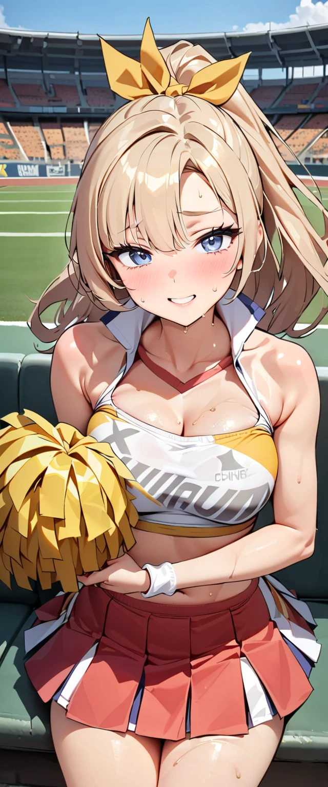 ((Cheerleader、Highest quality、Masterpiece、High resolution))、(((Zoom photo from above、semen、Bukkake、Wet body、Wet Hair)))、(smile、blush)、Big Breasts、Cleavage、Inside the gym、Blonde