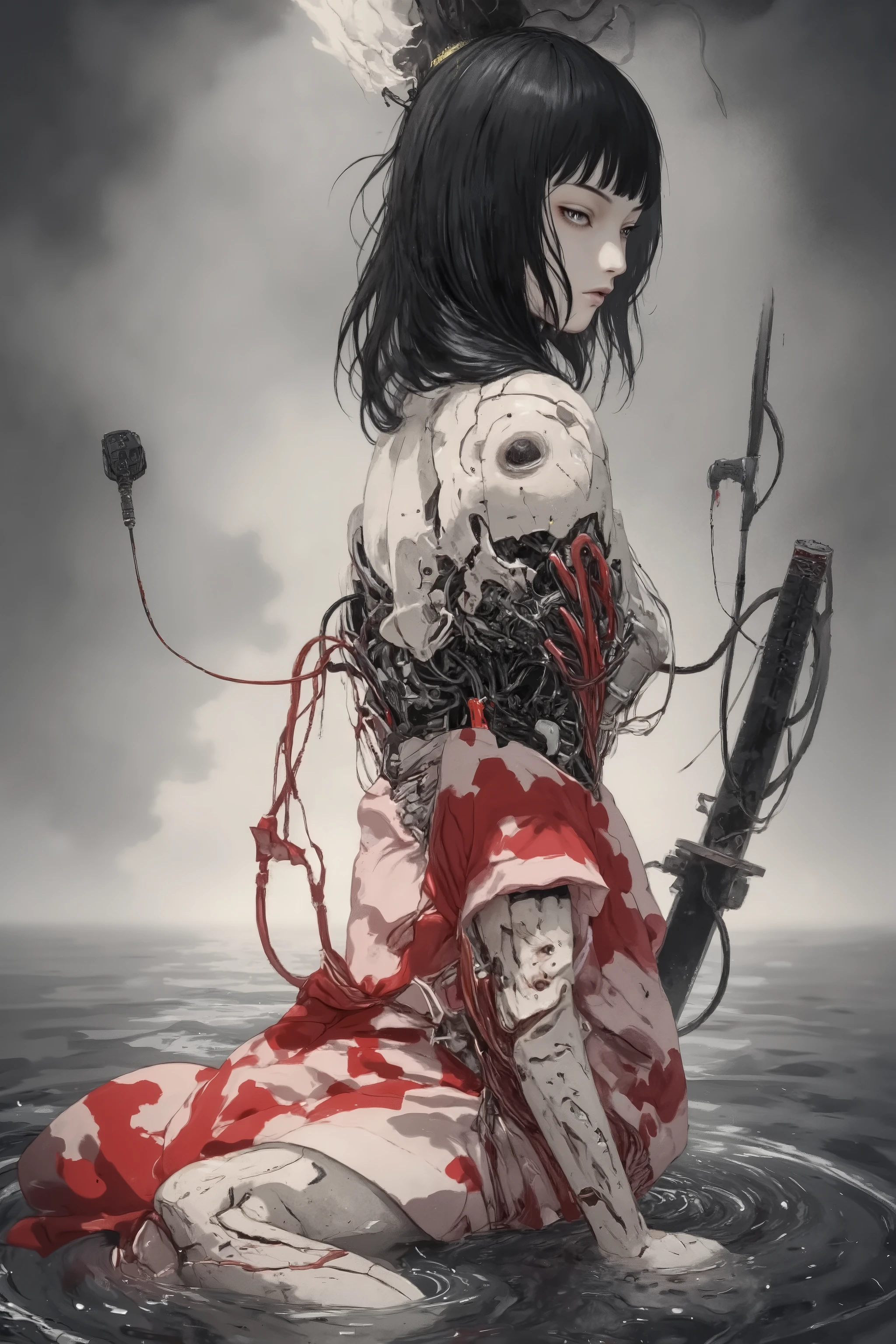 side view,sitting,alone,japanese traditional doll,broken,wearing bright red and white kimono,Half of my face is cracked,(japanese katana in floor),((battle robot)),The machine is visible from under the skin,Pottery Skin,black long hair,red rip, an eye that has been mechanically enhanced,melancholy,mesmerizing gaze,staring off into space,with no highlights in eyes,no pupils,a like tears,showcasing intricate mechanical components seamlessly integrated into the human anatomy,Sparking, Ghost in the Shell worldview, science fiction,android,cable,cyborg,cyberpunk,mechanical parts,wire,spine,in dark water,Ghost in the Shell style,effect of light and shadow,cinematic,dramatic lighting,dynamic angle,Sharp line,mechanical transformation,