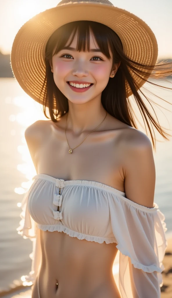 masterpiece,best quality,(Japanese ),((Beautiful girl)),cleavage,(perfect body beauty:1.2),(shy smile),beautiful teeth,(straw hat),(seaside),
