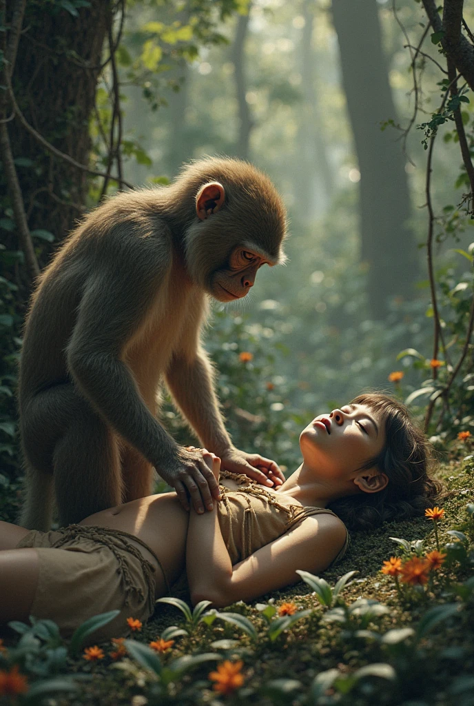 A (((tween holding a monkey and a monkey in her arms,))) ginger Nami from one piece. Wearing micro skirt. ((And her get hugs with Lewd monkey groping her in jungle)).(realistic arts), intricate, (monkey craves her carnally), nipslip, puffy nip, ((monkey grabbing breasts))
