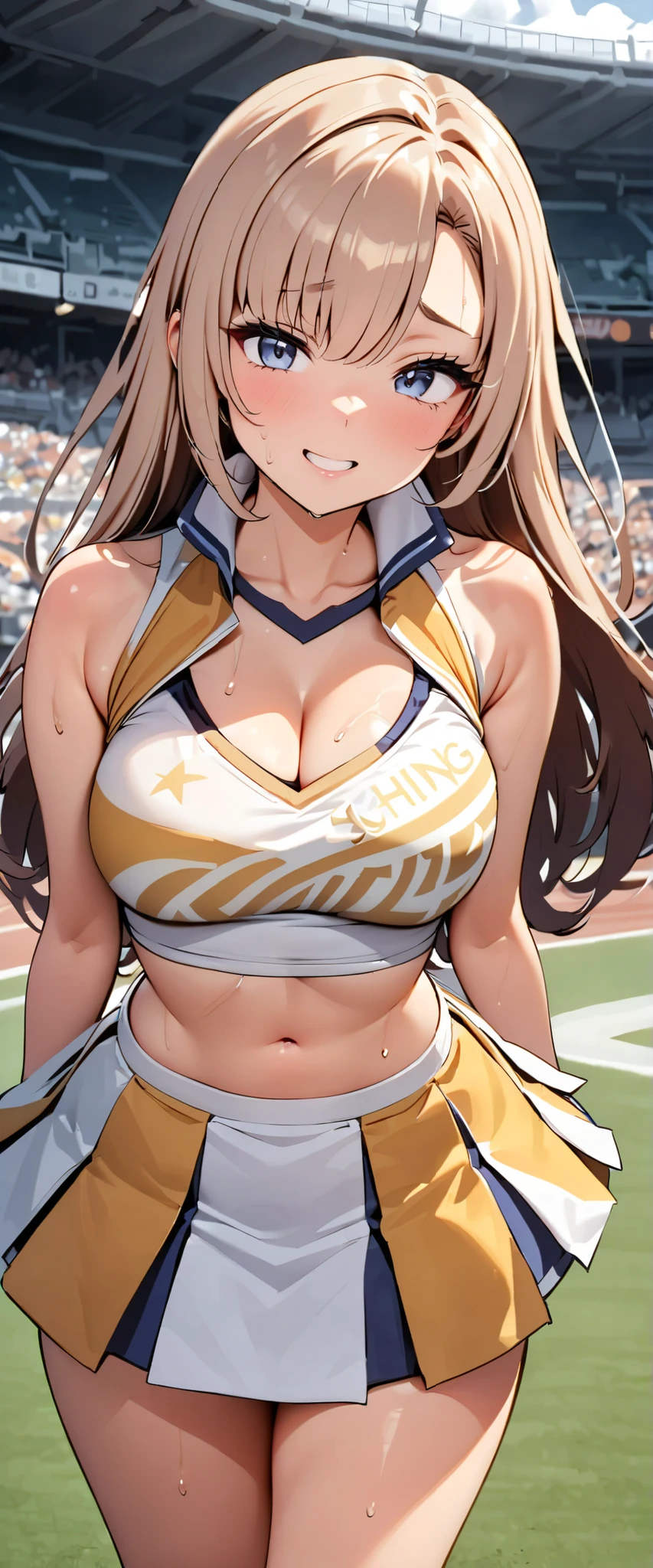 ((highly detailed)), ((nikke)), ((rapi: 1.2)), perfect human hands, (great breast:1.1),masterpiece, best quality, ultra-detailed, glistening shiny, glowing light, ray tracing, HDR, deph of field, (perfect face, detailed face, detailed eyes,perfect hands,perfect fingeredium :1.2),8k,HD,ultra realistic face,ray tracing,perfect lighting,best quality, ultra-detailed, shiny eyes, ( smile:1.1), ((1girl:1.2)),cowboy shot,thicc,streaked_hair,((brown gradient hair)),multicolored eyes, gradient eyes, red eyes, (glowing eyes:1.5), mascara, (fashion make up), (parted lips,blush, detailed face, cheerleader, (((stadium))), cheerleading ,dark blue sky),((super detailed background))),((super detailed background)), dynamic poses, ((8k wallpaper)), (mature female), black thighhighs, gigantic sagging breast, standing, (((lifting up skirt:1.4))), (((cheerleader outfit))), (((pom poms in hands))), (((jumping: 1.2)))