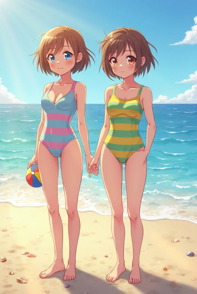 ((Best Quality, Masterpiece, Freak, Super Resolution,8k,16k)), 1 girl, Japanese model, 16 years old, short bombshell hair, ((Carboy shot)), creating an image of a woman wearing a two-piece swimming costume. ((Tops are BACK open TOPS with ribbons on the shoulders and a semi-transparent shoulder ribbon tied to a smocked bodice with a ruffled hem)). The bottoms are high-waisted, full back cut and decorated with delicate floral patterns. The swimming costume is predominantly grey and the fabric is textured. The woman's pose shows both the front and side of the swimming costume, highlighting the intricate detail of the design, sandy beach,