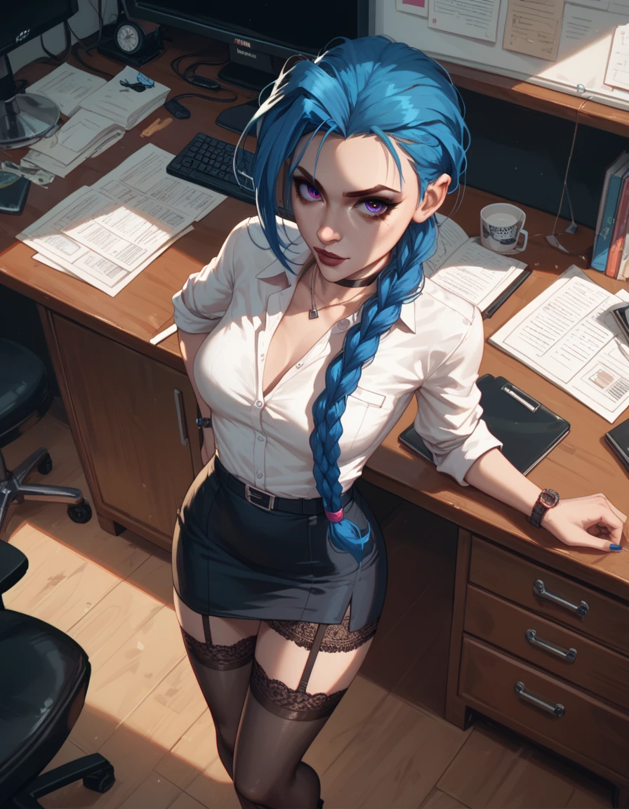 Hyper realistic super detailed sexy Jinx, NSFW, Very detailed, expressions faciales sexy, seductive facial expressions, [:(Face detail: 1.4): 0.4], 16K resolution, 4k resolution, dinamic lighting, High definition resolution, (sexy pose, Position attrayante), (hyper realistic: 1.4), (back light: 1.2), (sun light: 1), (pleine hauteur: 1.8),(contrasting background: 1.5), (Anatomy of the hyperrealistic arm), (Hyperrealistic anatomy of the legs), (peau propre), (lighting cinematic: 1.7), (intime), (Technologie NVIDIA RTX Ray Tracing), (Anatomy of the hyperrealistic arm: 2), (Ventre plat parfait), (image couleur), Jinx sitting in the office room, a white wall, a grey table, posters on the wall, sexy poses,
(((masterpiece))), ((best quality)), ((intricate detailed)), ((Hyperrealistic)), absurd res, perspective, highly detailed, illustration, 1girl, ((big breasts)), perfect hands, detailed fingers, beautiful detailed eyes, nametag, CEO, (business outfit:1.2), open office shirt, cleavage, tight skirt, black choker, earrings, stockings, detailed background, bedroom, perfect eyes, seductive eyes, looking at the viewer, from front