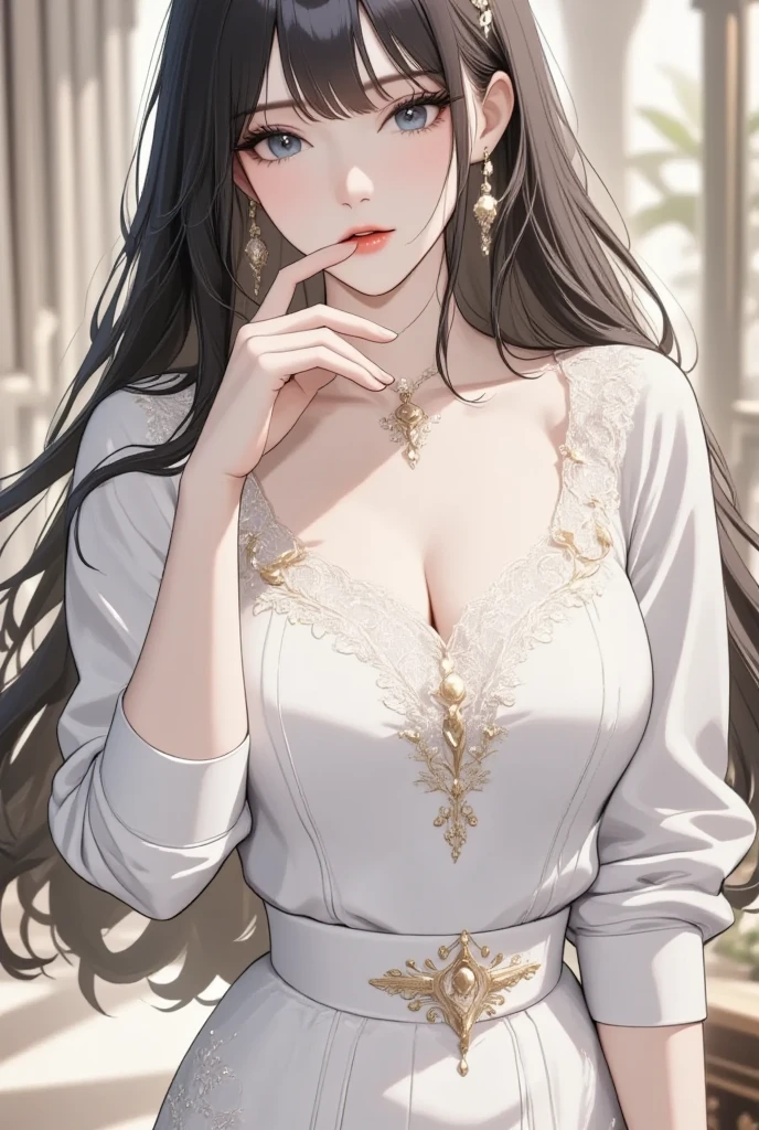 (best quality:1.5, High resolution, Ultra HD, 4k, Detailed lighting, Shaders), hair, gradient hair, (((Large Breasts、Low-cut，Cleavage, Wide hips,)))((Long legs)),Hourglass figure,, Transparent set, Clear shirt, Transparent social shirt, Short skirt, Mature woman , (View), White background, Colored eyeshadow, Dramatic Lighting, Shining eyes, Gold earrings, flowing hair, Exquisite facial features, dark skin, High bone, rain,  environment,sit, White background, Don&#39;t look for the camera, whole body.