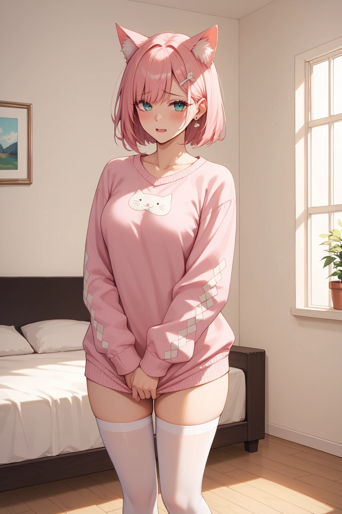 (One transcendent beautiful girl)、ultra-detailed、(8K, RAW photo, best quality, masterpiece:1.2), (extremely detailed 8K wallpaper),professional lighting,sharp focus, depth of field、(((Detailed and accurate face))),((head shot)),nfws,((Pink short bob、Fluffy curly hairy、Rainbow colored inner curl hair))、((Highest quality)), ((masterpiece)), (((A simple, baggy pink hoodie))),((Perfect Face、Beautiful Eyes)),((((Leaning forward、The gesture of pulling down tights with both hands))))、((Blushing)),(((Embarrassing)))、(An apartment room、Bed in the back)