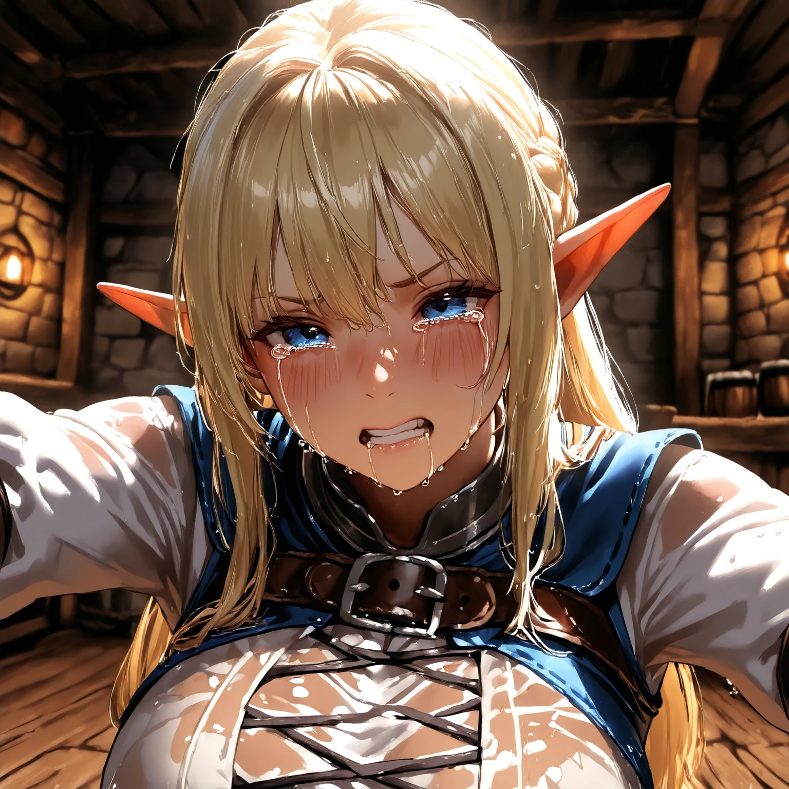 1girl,18yo,good anatomy, masterpiece, best quality,realistic, hyperrealistic, 16k hdr,(dark elf dark skin:1.4),(silver hair,braid,necklace,damaged body,sweat,spread legs,beautiful face,mature female,muscular paladin,metal bra,cleavage,torn costume,arm guard,leg guard,shoulder armor:1.2),(all fours:1.3),(red blush,angry,crying,open mouth,drooling,sidefellatio,sucking penis,cum on face:1.4),(1 Heinous estrus huge monster,standing,grab her head hard,penis:1.4),upper body,from side,(looking up:1.2),fantasy world,outdoor,village,(burning house:1.2),(surrounded goblins),from below