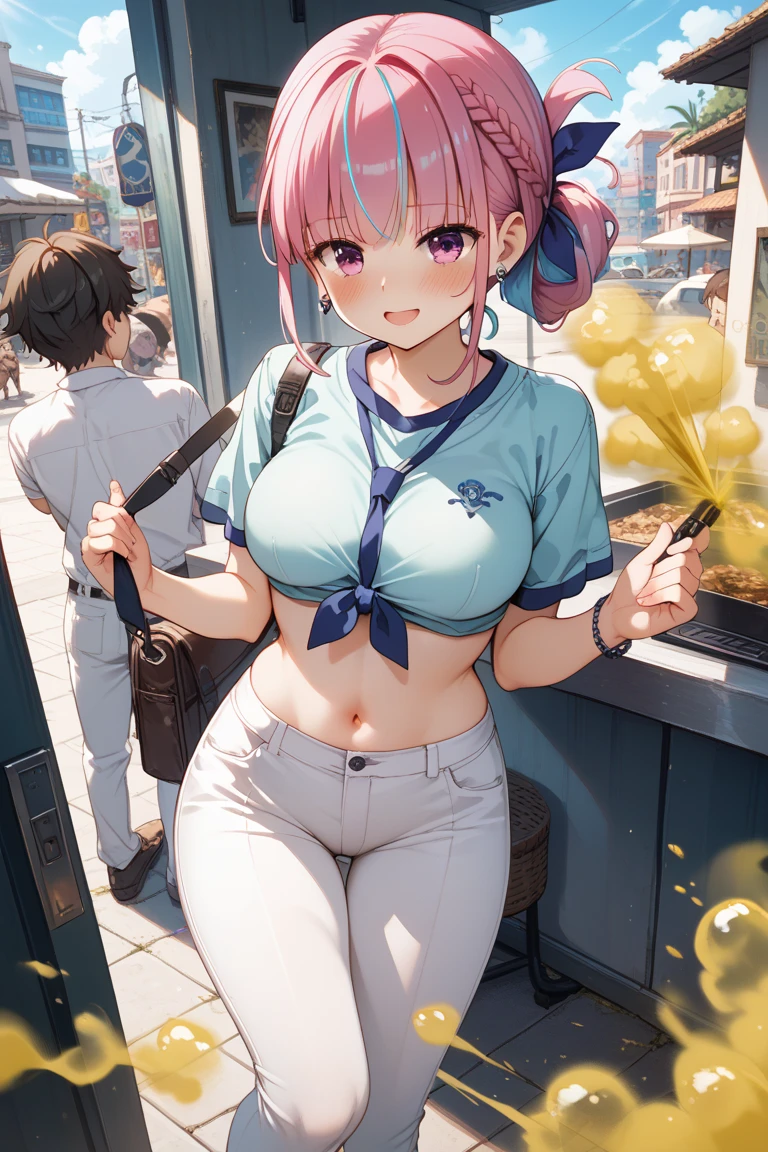 nsfw, masterpiece, 1 girl, nipplricately detailed, topless, navel, denim hotpants, kfc, bare shoulders, necklace, interior, dj, headset, baseball cap, citypop, erect nippleffy niextremelyailed,ealistic, octane render, 8 k, unreal engine, bare breasts, nipples, bare stomach, sweople on bnd, moist breath, small breasts, flat chests, child, smiling, leaning forollarbone, wet body, pair, ray of lights, nipple-piercing, fast food counter, nipple chain