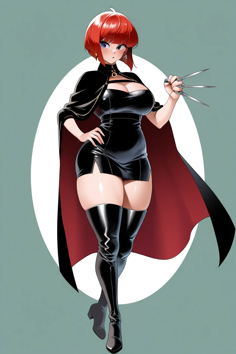 (masterpiece, best quality, ultra-detailed, adult, Cala, 1girl, solo) (huge_breasts, large exposed breasts, large puffy nipples, arms tied above head), (ruanyi0084,bondage outfit, cross-laced clothes, garter straps, latex, navel cutout, high heel boots, black thighhighs, bare shoulders),(surprised, worried, red hair, spiky hair, full body, looking at the viewer, female focus)(black cape)