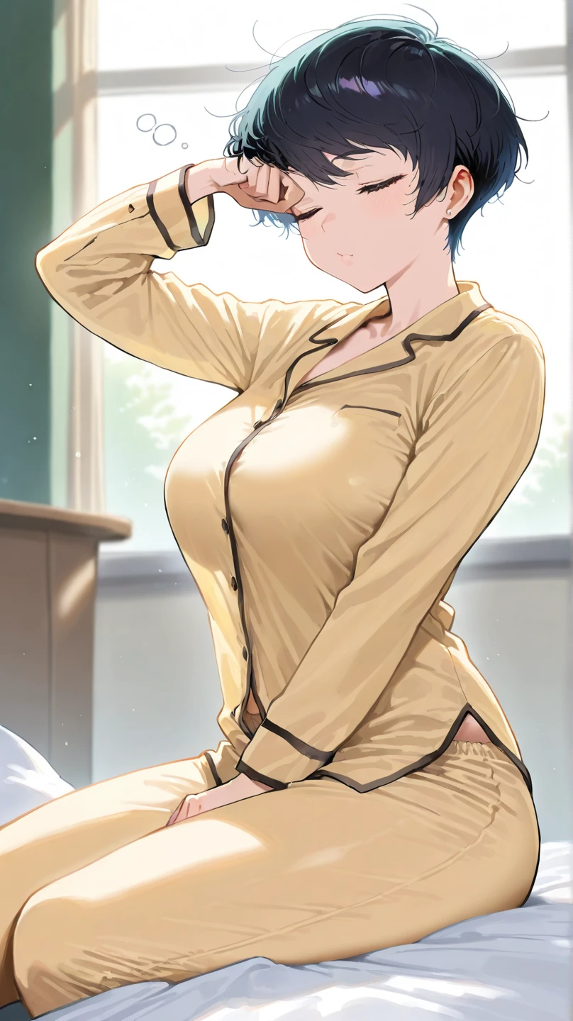 masterpiece, best quality, highres, aasugu, short hair, hairclip, cleavage, pajamas, red shirt, dress shirt, bare legs, standing, cowboy shot, indoors, room