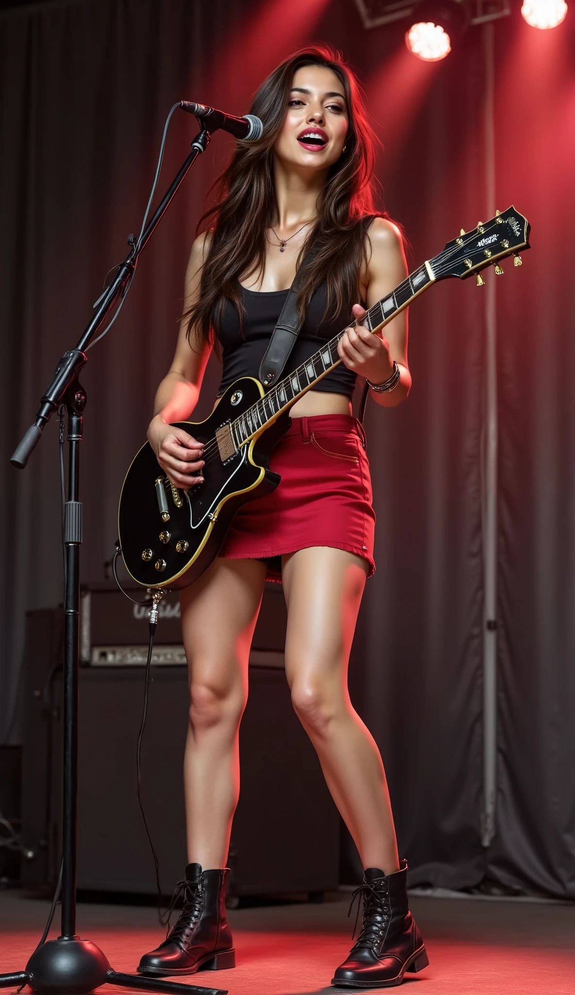 a female rocker in short red skirt is singing and playing electric guitar on stage, curtain wall background, no people