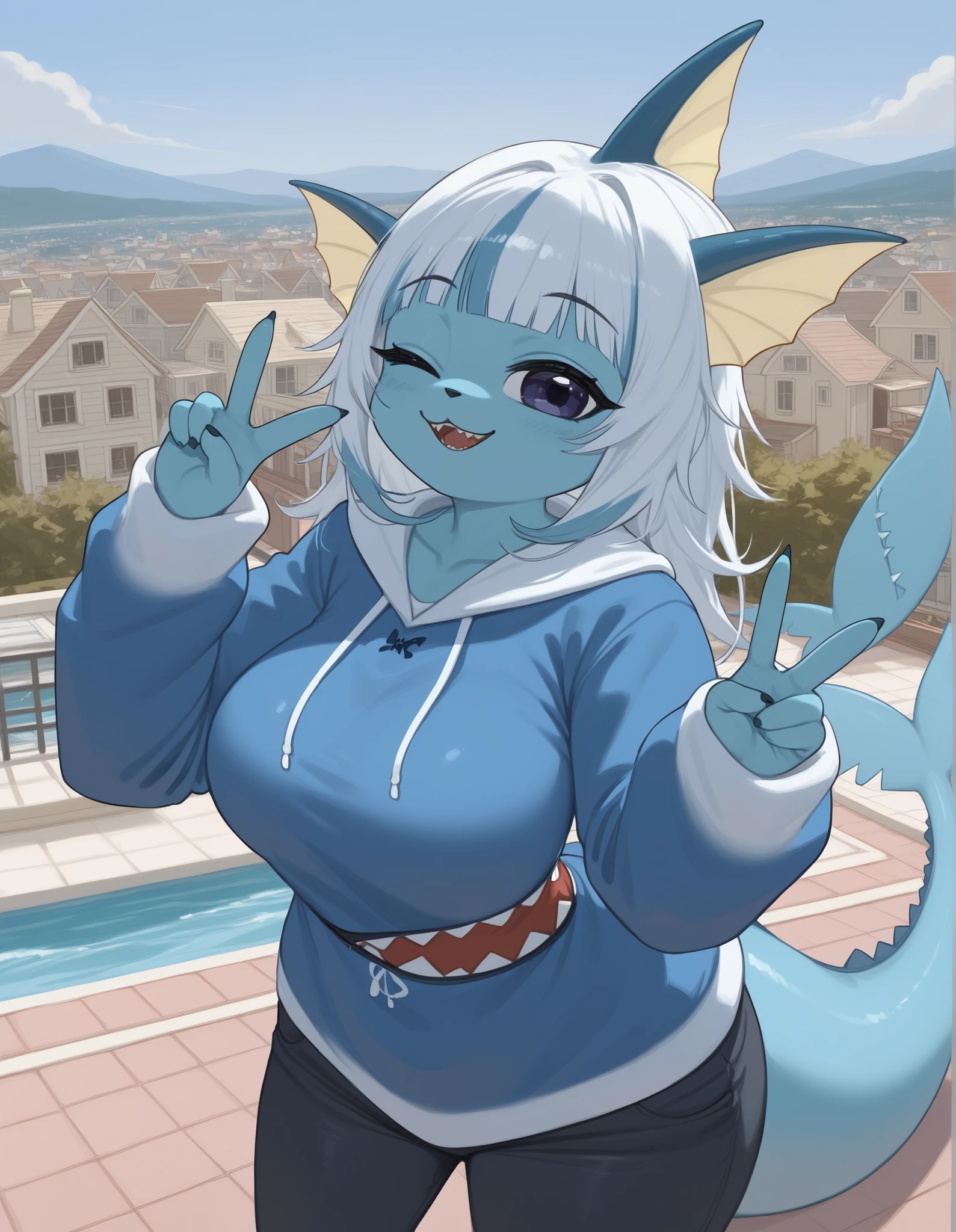 alone, score_9,score_8_up,score_7_up, anthro female vaporeon, vaporeon, detailed eyes, blue hoodie, shark hoodie, [Gawr_gura outfit], black jeans, house, roof, standing, selfie, pov, peace sign in one hand, clothing, clothes, big breasts, wink, wink the eye, wink eye, tight clothing, tight hoodie, [Gawr_gura sweater], [Gawr_gura hoodie], shark teeth, vaporeon's tail, vaporeon. Solo, 1girl, character alone. Anthro vaporeon, vaporeon face, no hair, whitout hair. [Without_hair]