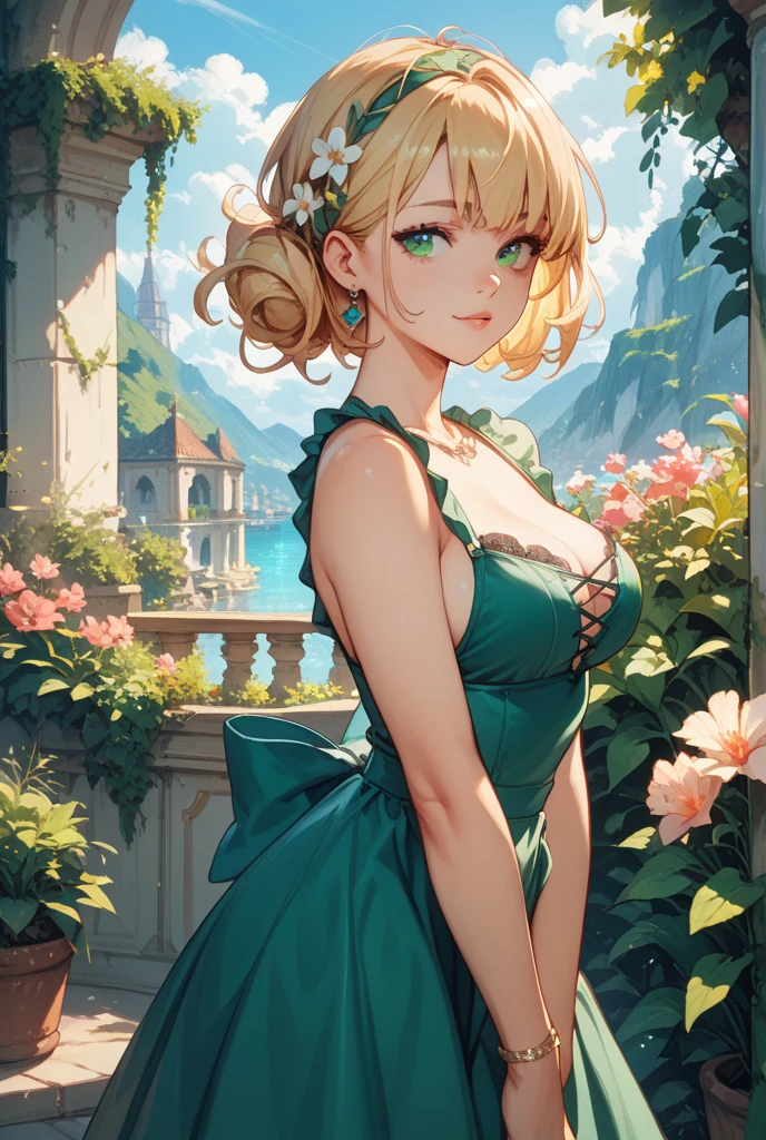 1girl, elaborate blonde updo hairstyle with bangs, almond shaped green eyes, wearing an off shoulder light teal regency inspired flower dress with simple gold, flower accessories, slight makeup, rose lipgloss, smiling softly, absurdres, high res, ultrasharp, 8k, masterpiece, standing on a terrace, infront of a beautiful landscape, vibrant sky in the background