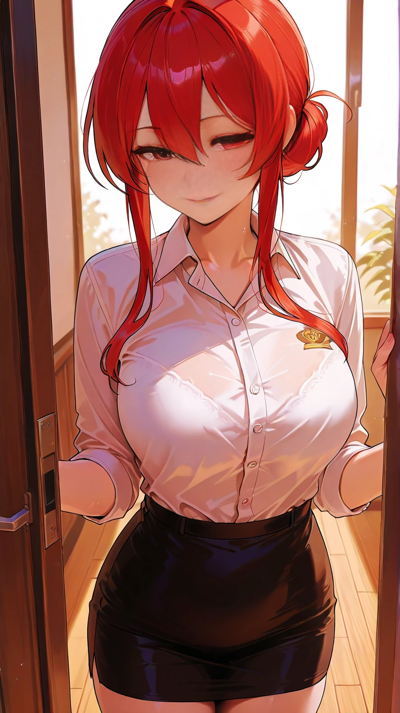 <lora:styleNezulet_v10:1>, large breasts, red shirt, :o, looking at breasts, looking down,