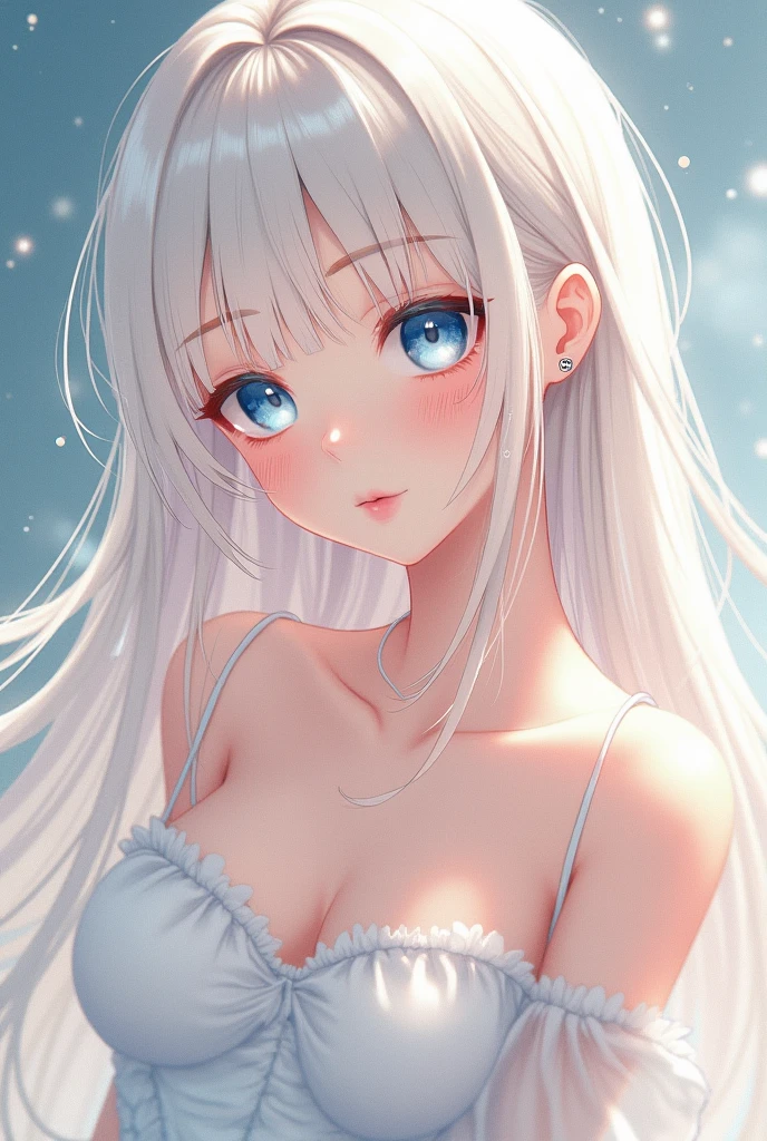 ((HEAD-SHOT)) An anime girl with Ethereal beauty, white cream long hair pooling down to her waist line, doe eyes with pale crystal blue eyes, pale & soft skin, pink soft lips as she smiles warmly