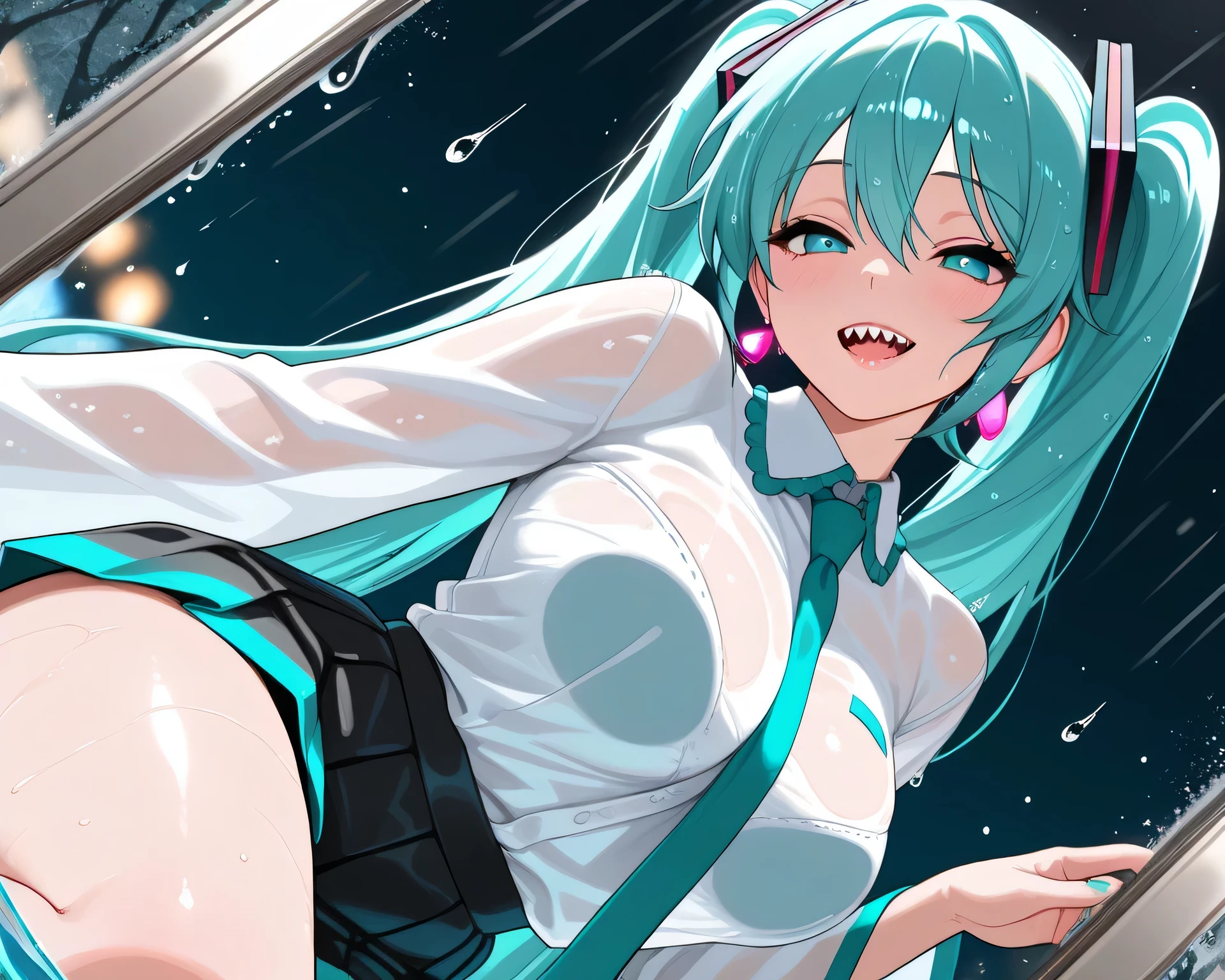 (masterpiece), (portrait), big breasts (aesthetics), ((1 female 21 years old, outside view, raindrops whisper on the glass!Through the murky water droplets,Capturing the blurred contours of this hot)), Highlight earrings), ((long hair, long pigtails)), ((Hot crystal light blue-green hair)), ((Miku Hatsune)) straight hair, thin eyes open, blue eyes, sharp teeth, cute, naughty, mischievous smile, woman, feminine, beautiful, female features, top, high quality, aesthetic clothing, professional angle, (rule of thirds), (feminine), , (beautiful) , (female ) features), solo, (Korean attractive), summer, (ink haze), (afternoon), (vibrant light), seductive posture, ((face looking forward))), Miku Hatsune, white blouse, separate long sleeves, pleated skirt, tie, sensual ((Energy)) (Big Breasts), Fair Skin, (Clothes with Hip Hop Details), (a hot Miku Hatsune, sculptural body, sexy pose), (Sleep Neckline), Beautiful Hands, Body beautiful, beautiful ears, beautiful eyes, bright eyes, beautiful mouth, beautiful lips, slave