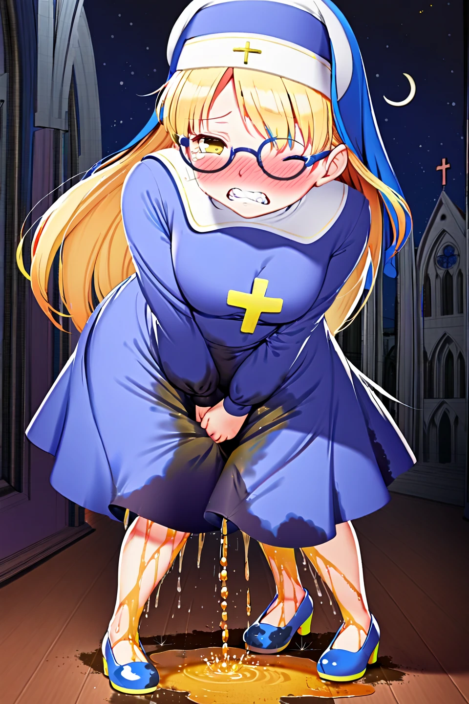 nsfw, (1girl:1.5), masterpiece, best quality, best detail, best proportion, best anatomy, best face, best shaped breasts, very huge breasts, ( japanese lowteen:1.3), half body shot, ((wearing nun's costume):1.2), cameltoe, red blush, wet, (cathedral (background):1.4), skirtlift:1.0, cameltoe:1.1