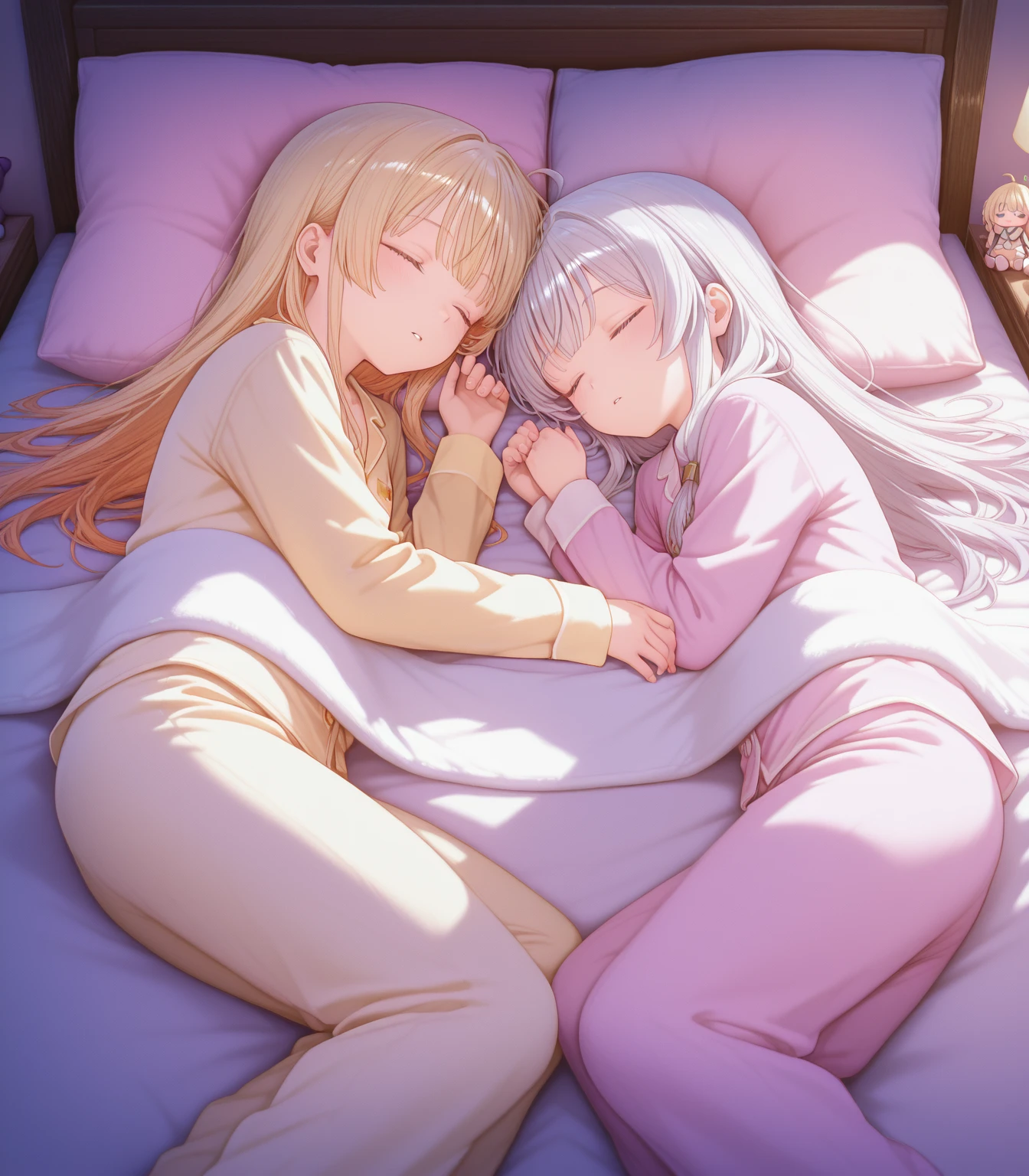 An girl with long blond hair in long creamy clolor nightshirt sleeping at night in red bed, at night