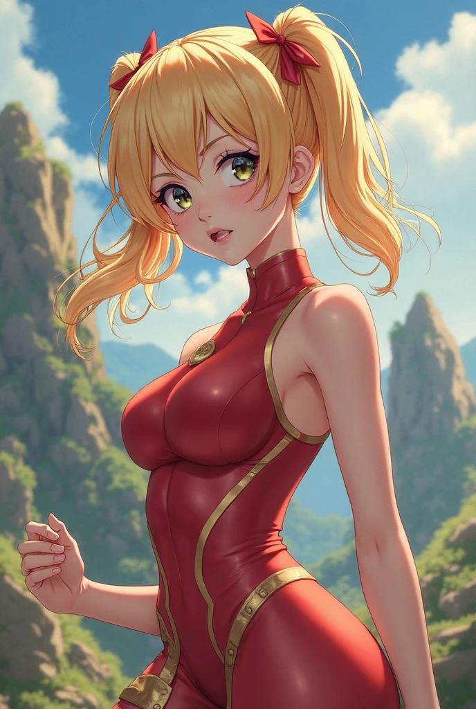 android 18,blonde hair,(((long hair))),blue eyes,(long slit red sexy cheongsam), (Red),looking at the audience,face smile,close-up, portrait, river,rock, ,tree,blue sky,high quality,masterpiece,sexy body, sexy Red Dress, red,perfect big breasts, Hyperrealistic intricate detail, Cinematic, 8K resolution, 70mm, Accent Lighting, Global Illumination, Full body portrait, clean detailed faces,