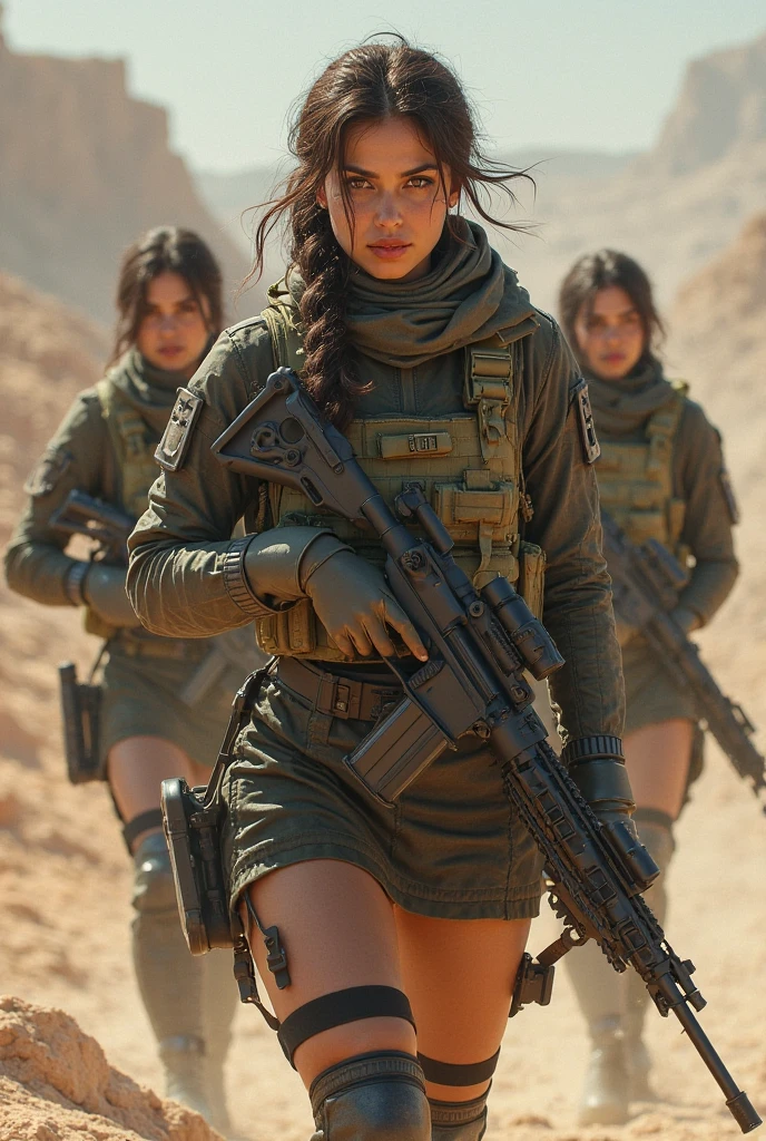 Four sexy women with big breasted athletic bodies wearing a tactical vest bikini and holding rifles wearing a mucha and a headdress