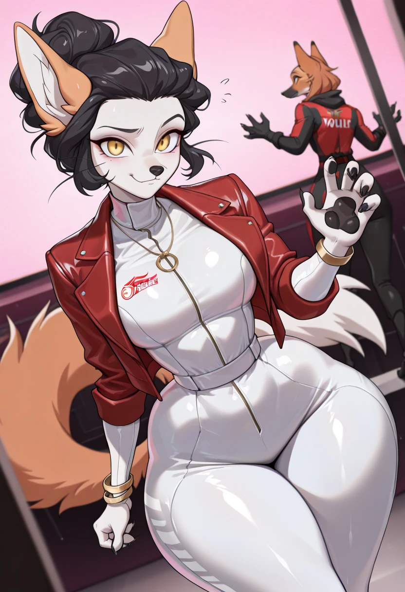 ((masterpiece, best quality)), (anthro furry:1.3, muzzle:1.2, anthro:1.3, furry:1.2, closeup:1.2, female solo:1.2, neckline, leaning forward, smile, red), no blouse, sweatpants,transparent blouse, thicc curves voluptuous