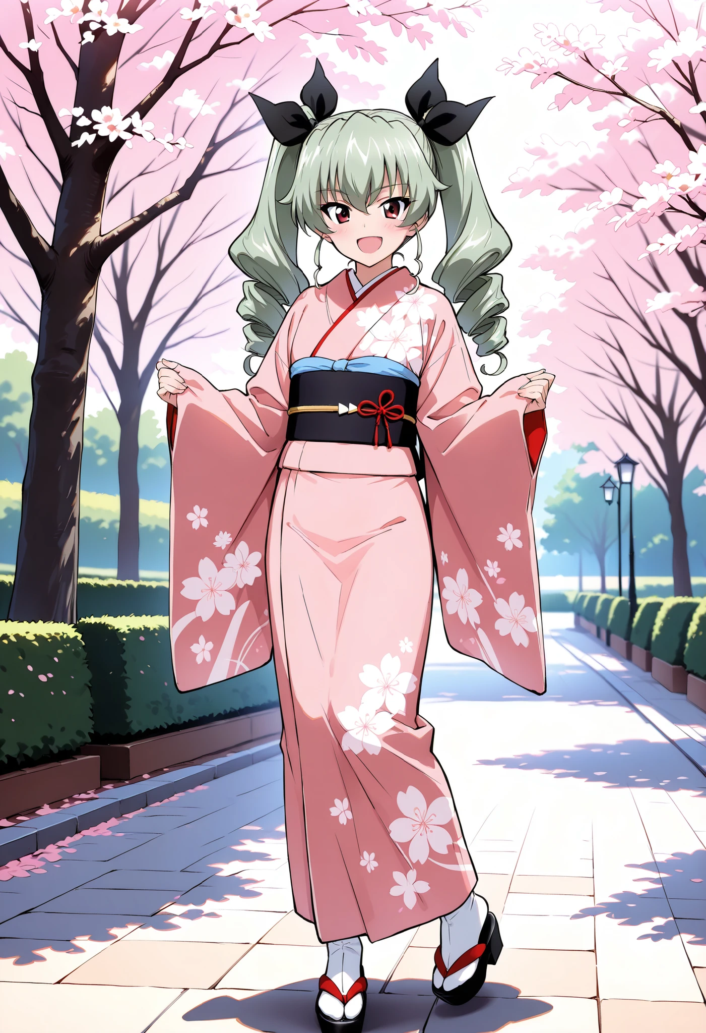 Highest Quality, details, high res, 8k, 超high res, Soft Saturation, shot from the front、1 girl on break day, solo, anchovy \(girl&panzer)\, drill hair, green hair, twin drill , hair bow, long hair, 非常にdetailsな顔, 非常にdetailsな目, masterpiece , (Japanese kimono:1.2), (Furusose Cherry Blossom Patterns)、outdoor、Cherry blossom trees、cowboy short、full body、