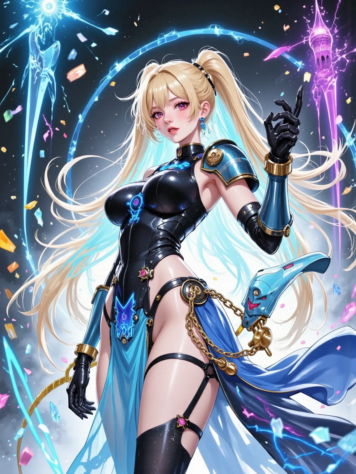 Beautiful dark mage (masterpiece: 1.2, Best Quality), (1, only), Big chest, (dynamic posture), (shiny skin, COughtson skin), COughtson skin, Sez version of the black magician demon girl, Redskin, Thin gloves and lace gloves, ( little demonic horns:1.1), (lilis \(dark stalker\)), (Skysky), Ought, (joya, golden ornaments:1.15 ), pelvis grande, blue (lace pantyhose:1.1) Black Magician Sensitive Demon Girl Version,being realistic ，。.3D，Magical fluctuations，magic matrix