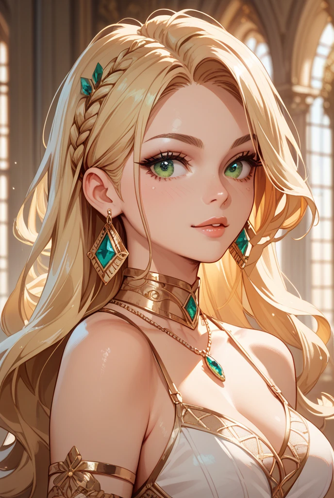 Female elf, Golden blonde hair, long hair with accessories, gold eyes, in an ancient city of golden sand, fantasy character, smirk, sultry look, seductive,