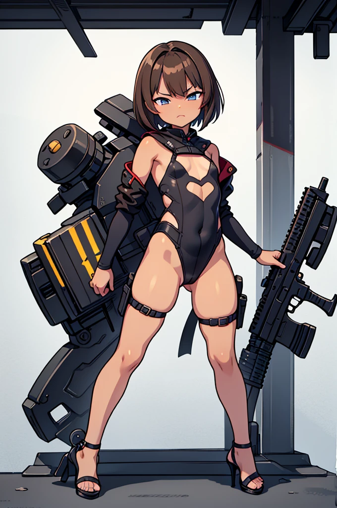 Young girl, Pullover, yellow high cut leotard, whole body to see, open mouth, smile , scream, short curly hair , huge thighs, fullbody, platform heels, withe skin, small breast, gun, cyberpunk, soldier girl , black hair, leg garter, Big butt, turn around, standing, front pose ,